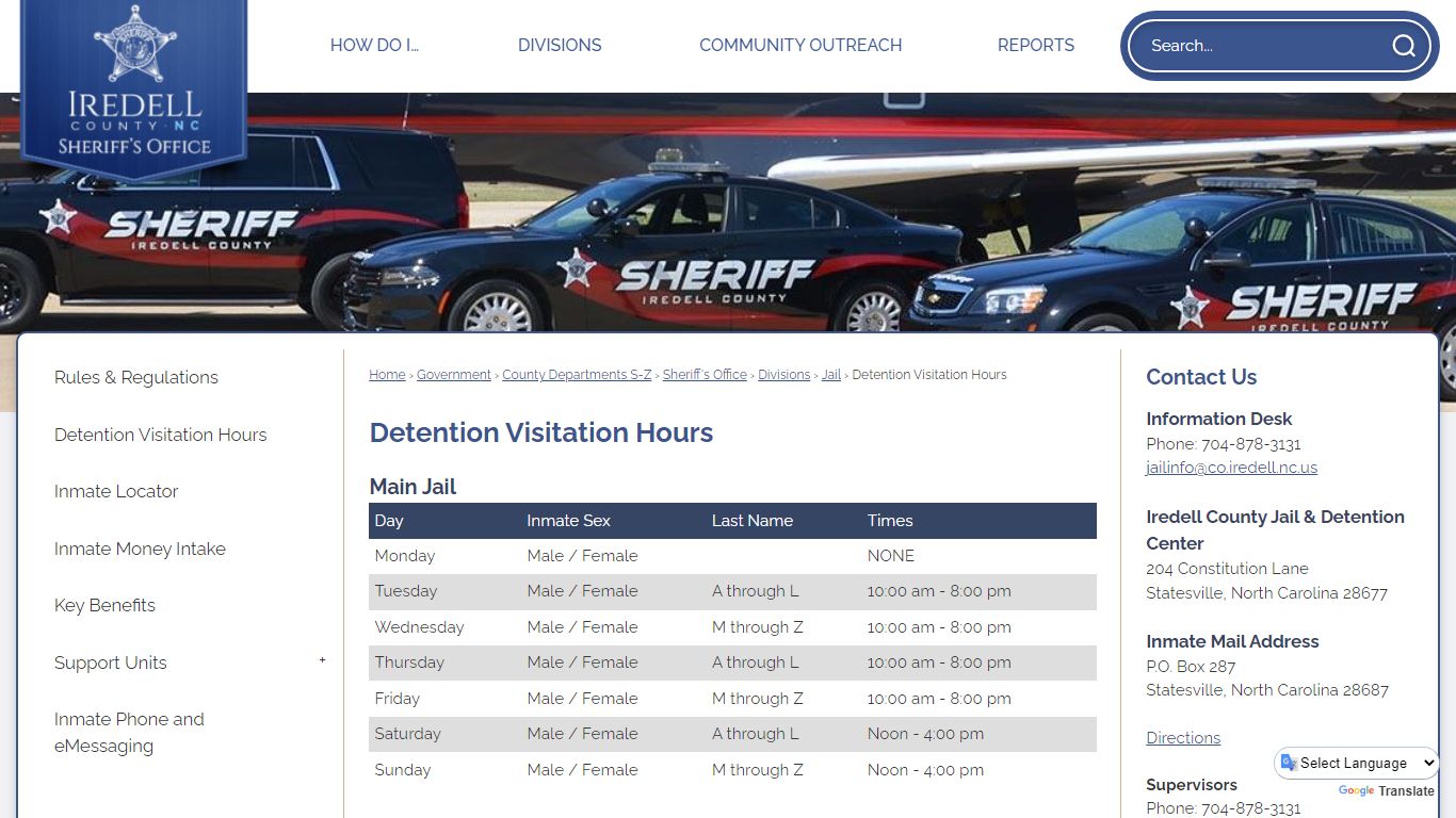 Detention Visitation Hours | Iredell County, NC